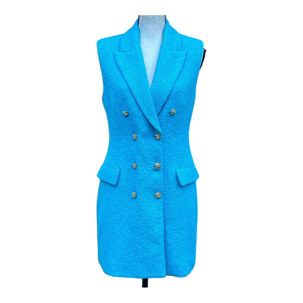 Zara Bright Turquoise Double-Breasted Mini Dress